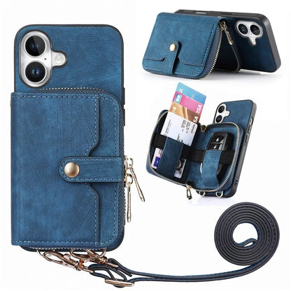 D3 For iPhone 16 Plus Case Zipper Card Holder PU Leather Phone Back Cover with Long Strap