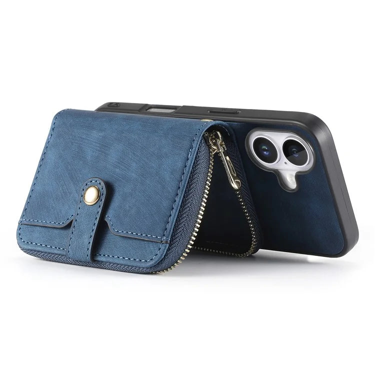D3 For iPhone 16 Plus Case Zipper Card Holder PU Leather Phone Back Cover with Long Strap