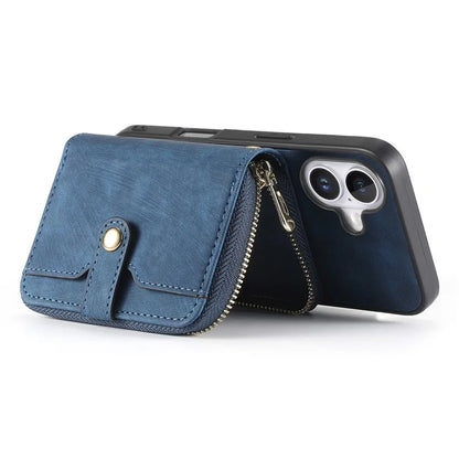 D3 For iPhone 16 Plus Case Zipper Card Holder PU Leather Phone Back Cover with Long Strap