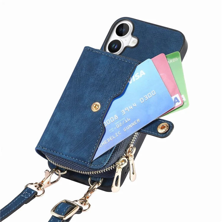D3 For iPhone 16 Plus Case Zipper Card Holder PU Leather Phone Back Cover with Long Strap