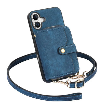 D3 For iPhone 16 Plus Case Zipper Card Holder PU Leather Phone Back Cover with Long Strap