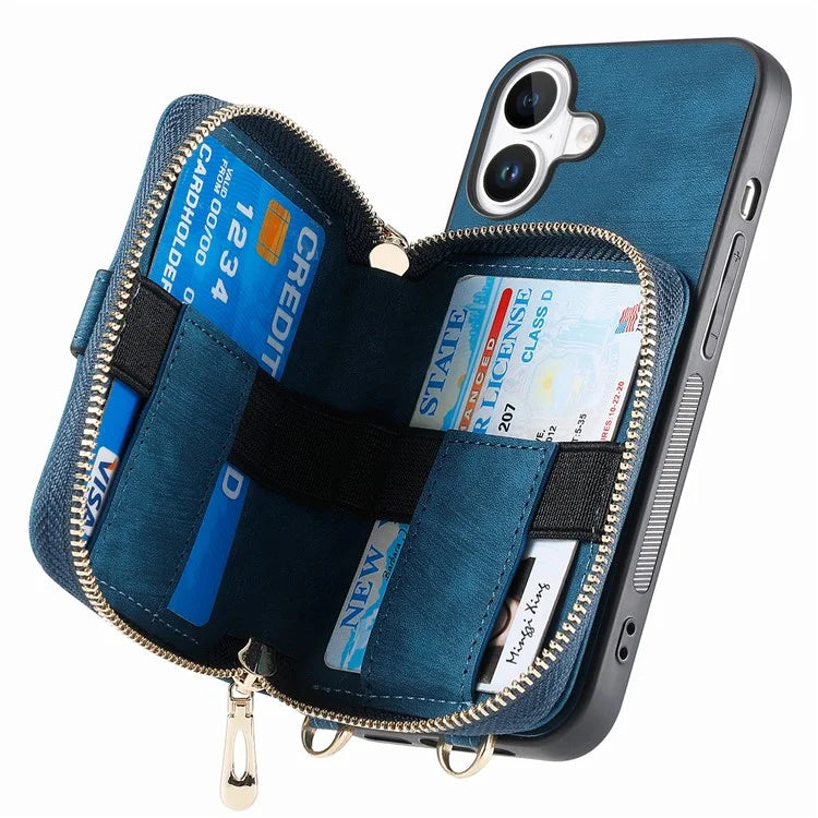 D3 For iPhone 16 Plus Case Zipper Card Holder PU Leather Phone Back Cover with Long Strap