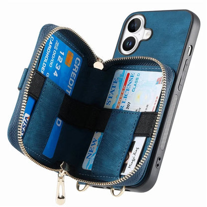 D3 For iPhone 16 Plus Case Zipper Card Holder PU Leather Phone Back Cover with Long Strap