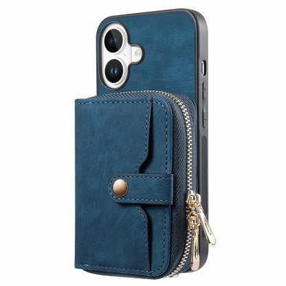 D3 For iPhone 16 Plus Case Zipper Card Holder PU Leather Phone Back Cover with Long Strap