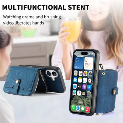D3 For iPhone 16 Plus Case Zipper Card Holder PU Leather Phone Back Cover with Long Strap