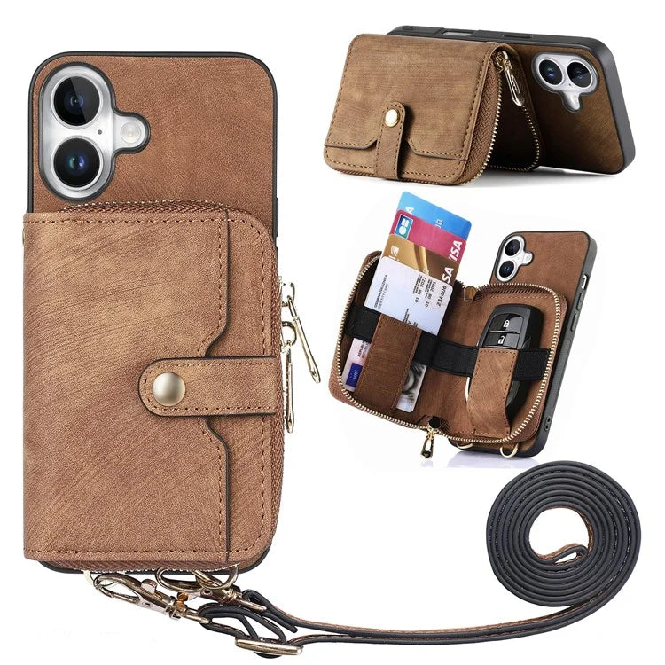 D3 For iPhone 16 Plus Case Zipper Card Holder PU Leather Phone Back Cover with Long Strap