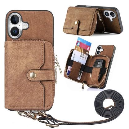 D3 For iPhone 16 Plus Case Zipper Card Holder PU Leather Phone Back Cover with Long Strap