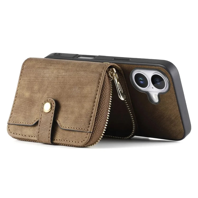 D3 For iPhone 16 Plus Case Zipper Card Holder PU Leather Phone Back Cover with Long Strap
