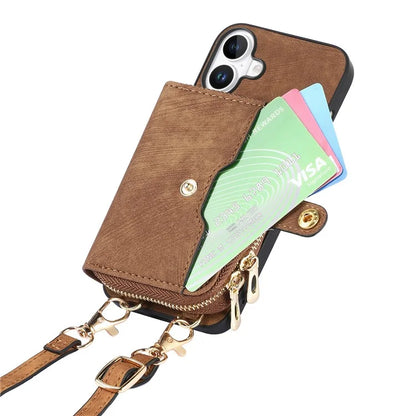 D3 For iPhone 16 Plus Case Zipper Card Holder PU Leather Phone Back Cover with Long Strap