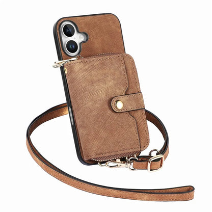 D3 For iPhone 16 Plus Case Zipper Card Holder PU Leather Phone Back Cover with Long Strap