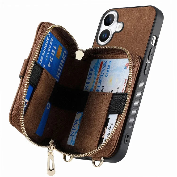 D3 For iPhone 16 Plus Case Zipper Card Holder PU Leather Phone Back Cover with Long Strap