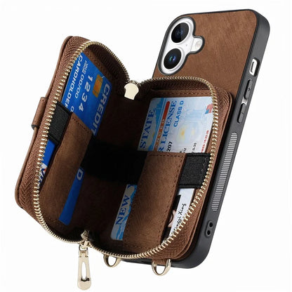 D3 For iPhone 16 Plus Case Zipper Card Holder PU Leather Phone Back Cover with Long Strap