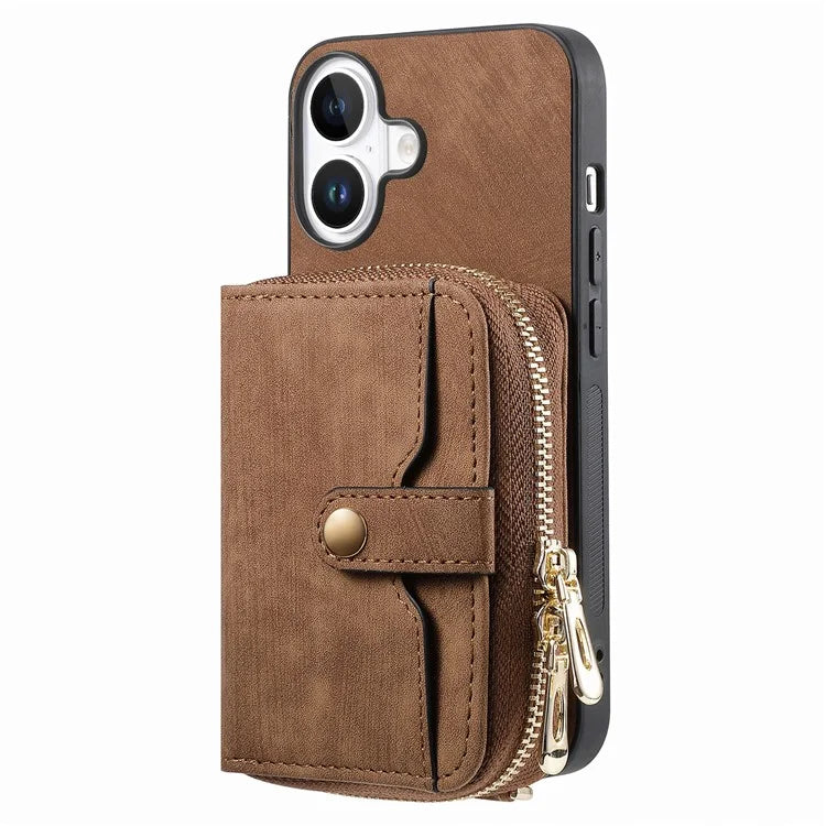 D3 For iPhone 16 Plus Case Zipper Card Holder PU Leather Phone Back Cover with Long Strap