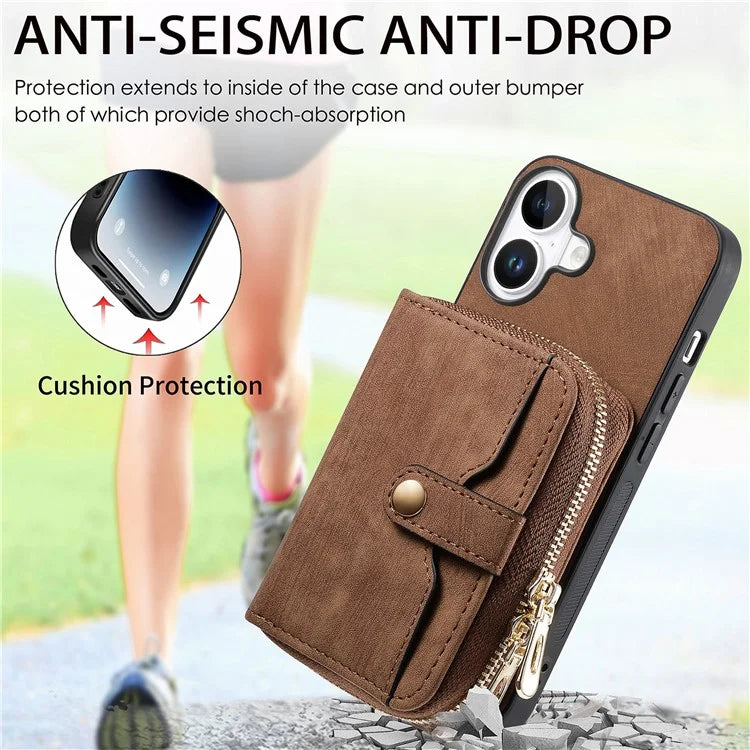 D3 For iPhone 16 Plus Case Zipper Card Holder PU Leather Phone Back Cover with Long Strap