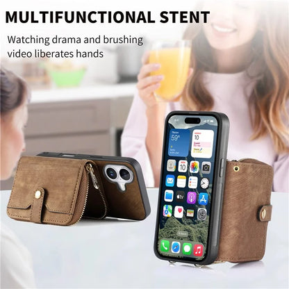 D3 For iPhone 16 Plus Case Zipper Card Holder PU Leather Phone Back Cover with Long Strap