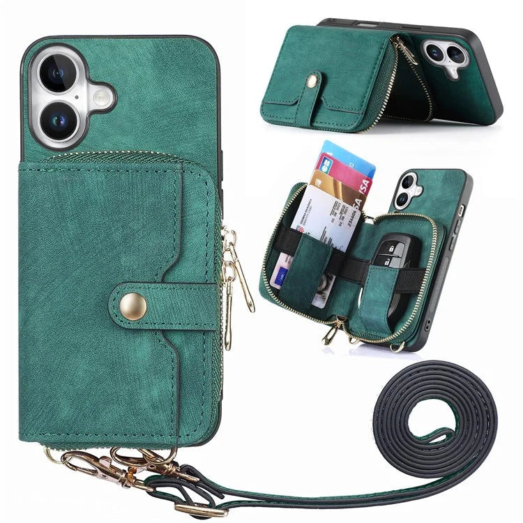D3 For iPhone 16 Plus Case Zipper Card Holder PU Leather Phone Back Cover with Long Strap