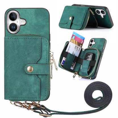 D3 For iPhone 16 Plus Case Zipper Card Holder PU Leather Phone Back Cover with Long Strap