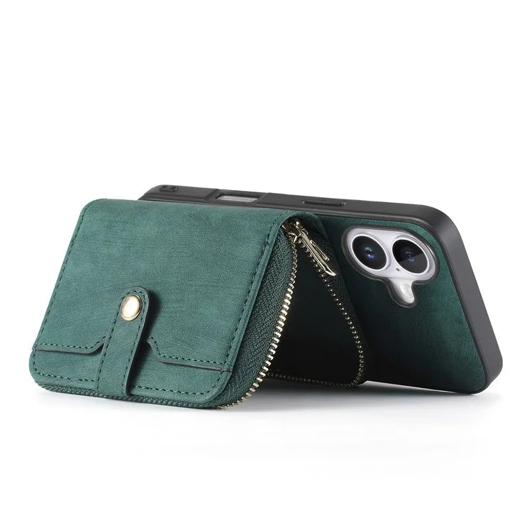 D3 For iPhone 16 Plus Case Zipper Card Holder PU Leather Phone Back Cover with Long Strap