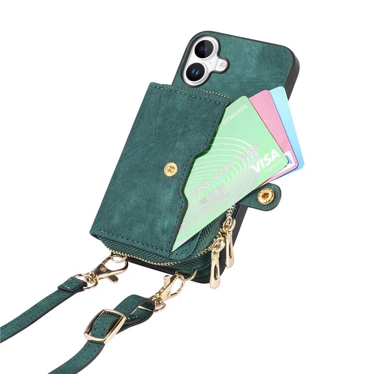 D3 For iPhone 16 Plus Case Zipper Card Holder PU Leather Phone Back Cover with Long Strap