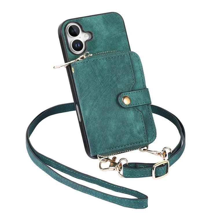 D3 For iPhone 16 Plus Case Zipper Card Holder PU Leather Phone Back Cover with Long Strap