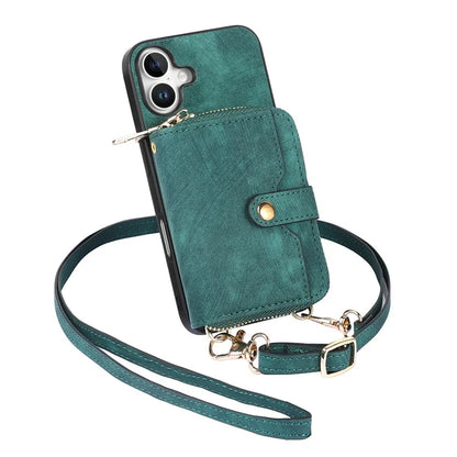 D3 For iPhone 16 Plus Case Zipper Card Holder PU Leather Phone Back Cover with Long Strap