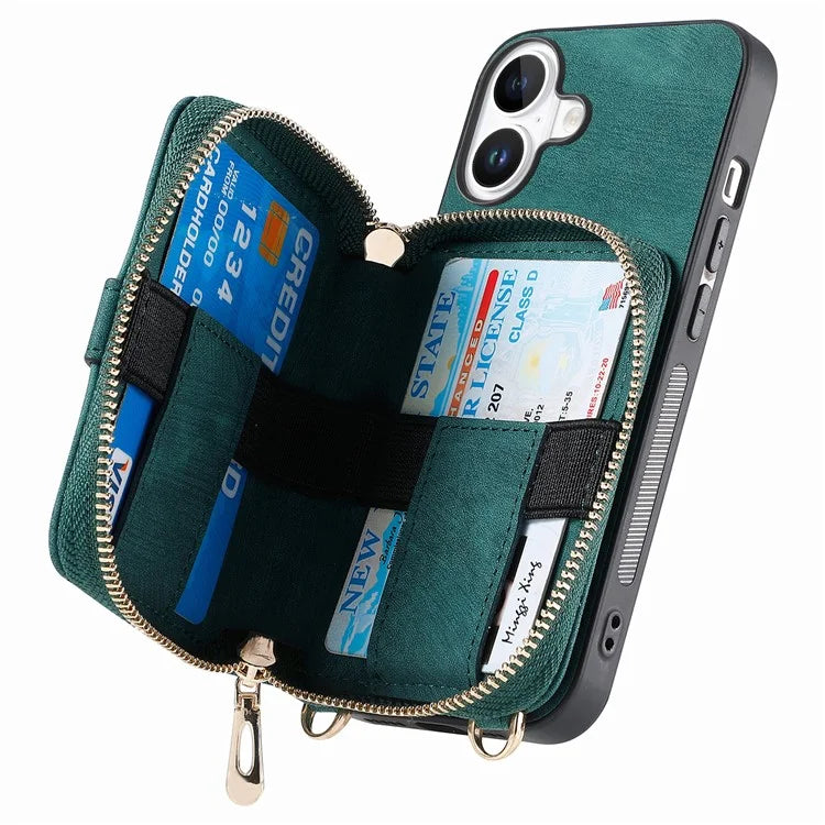 D3 For iPhone 16 Plus Case Zipper Card Holder PU Leather Phone Back Cover with Long Strap