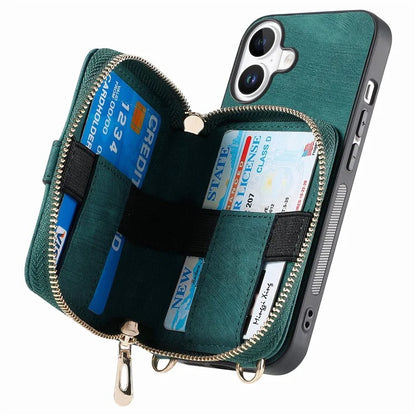 D3 For iPhone 16 Plus Case Zipper Card Holder PU Leather Phone Back Cover with Long Strap