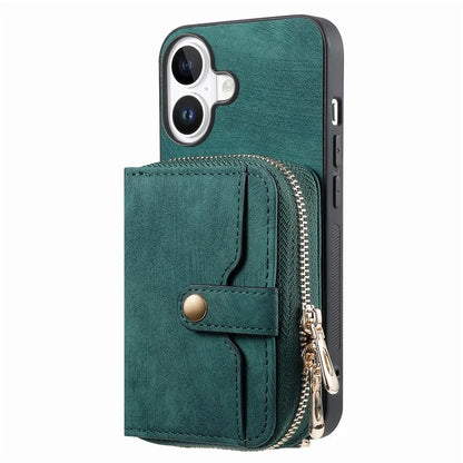 D3 For iPhone 16 Plus Case Zipper Card Holder PU Leather Phone Back Cover with Long Strap