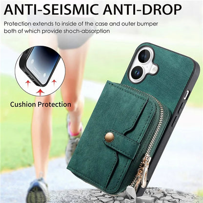 D3 For iPhone 16 Plus Case Zipper Card Holder PU Leather Phone Back Cover with Long Strap