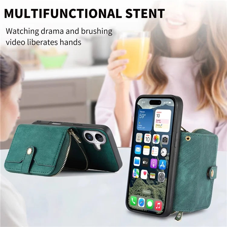 D3 For iPhone 16 Plus Case Zipper Card Holder PU Leather Phone Back Cover with Long Strap