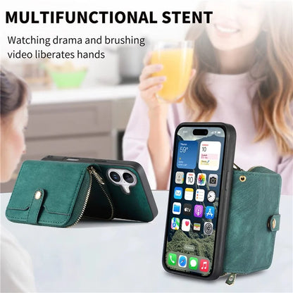 D3 For iPhone 16 Plus Case Zipper Card Holder PU Leather Phone Back Cover with Long Strap
