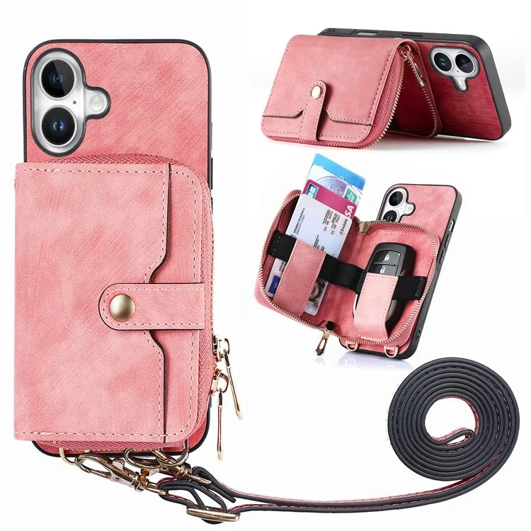 D3 For iPhone 16 Plus Case Zipper Card Holder PU Leather Phone Back Cover with Long Strap