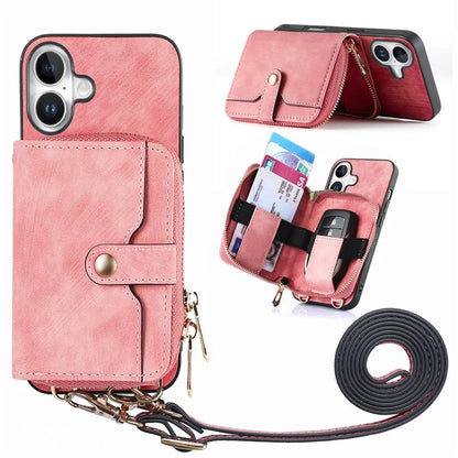 D3 For iPhone 16 Plus Case Zipper Card Holder PU Leather Phone Back Cover with Long Strap