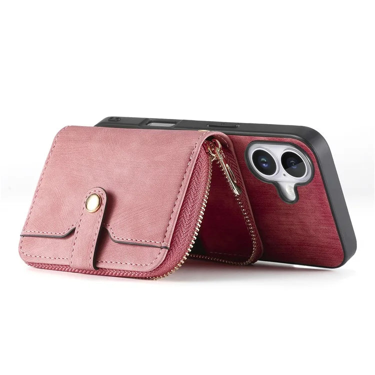 D3 For iPhone 16 Plus Case Zipper Card Holder PU Leather Phone Back Cover with Long Strap