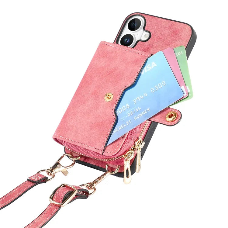 D3 For iPhone 16 Plus Case Zipper Card Holder PU Leather Phone Back Cover with Long Strap