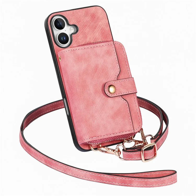 D3 For iPhone 16 Plus Case Zipper Card Holder PU Leather Phone Back Cover with Long Strap