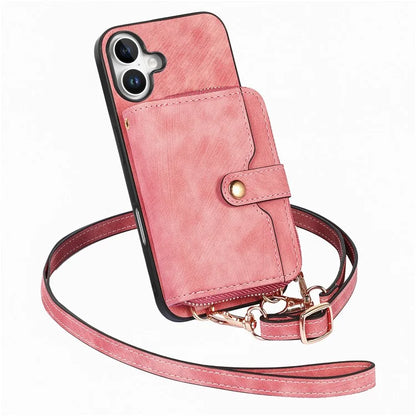 D3 For iPhone 16 Plus Case Zipper Card Holder PU Leather Phone Back Cover with Long Strap