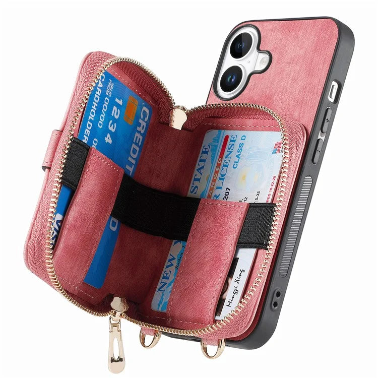D3 For iPhone 16 Plus Case Zipper Card Holder PU Leather Phone Back Cover with Long Strap