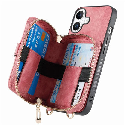 D3 For iPhone 16 Plus Case Zipper Card Holder PU Leather Phone Back Cover with Long Strap