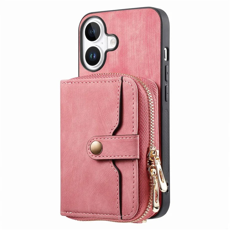 D3 For iPhone 16 Plus Case Zipper Card Holder PU Leather Phone Back Cover with Long Strap