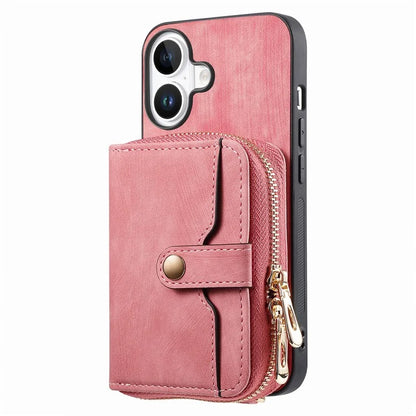 D3 For iPhone 16 Plus Case Zipper Card Holder PU Leather Phone Back Cover with Long Strap