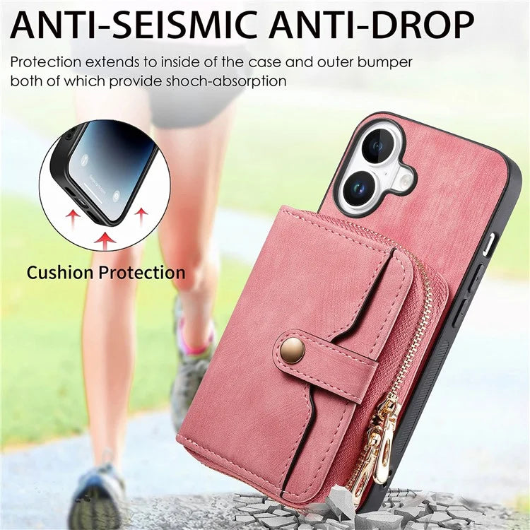 D3 For iPhone 16 Plus Case Zipper Card Holder PU Leather Phone Back Cover with Long Strap
