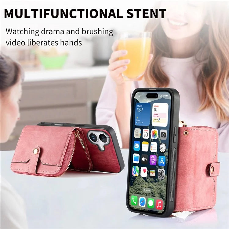 D3 For iPhone 16 Plus Case Zipper Card Holder PU Leather Phone Back Cover with Long Strap
