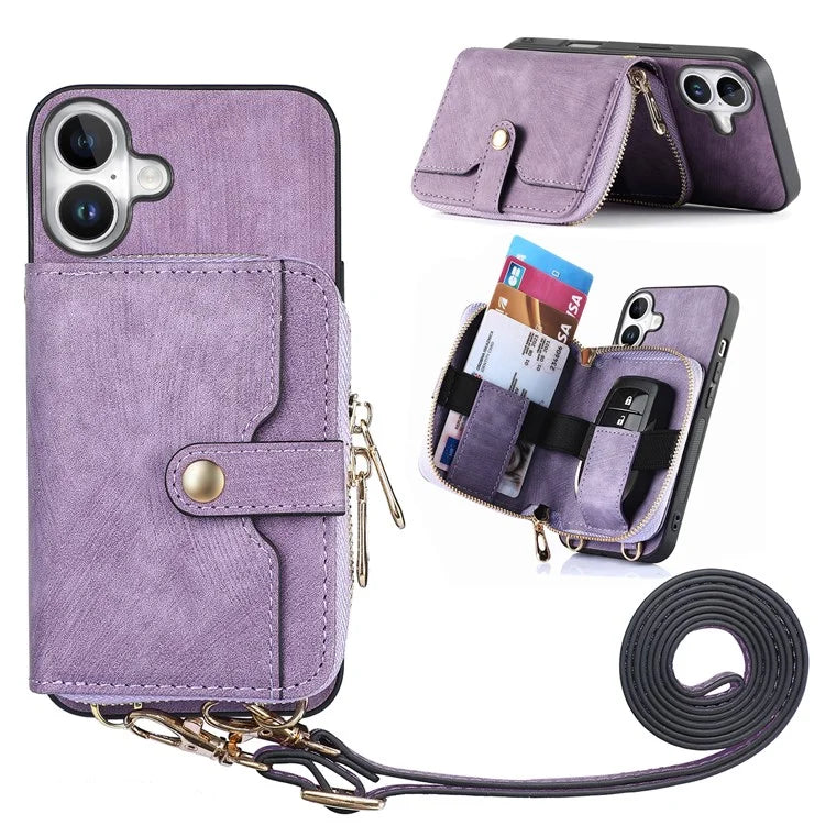 D3 For iPhone 16 Plus Case Zipper Card Holder PU Leather Phone Back Cover with Long Strap