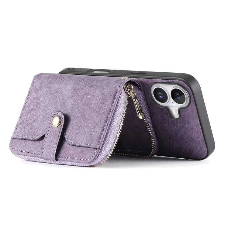 D3 For iPhone 16 Plus Case Zipper Card Holder PU Leather Phone Back Cover with Long Strap