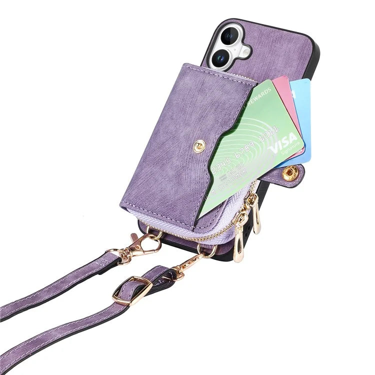 D3 For iPhone 16 Plus Case Zipper Card Holder PU Leather Phone Back Cover with Long Strap