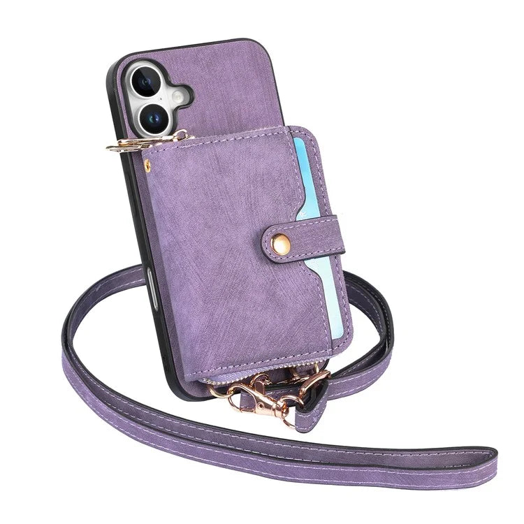 D3 For iPhone 16 Plus Case Zipper Card Holder PU Leather Phone Back Cover with Long Strap