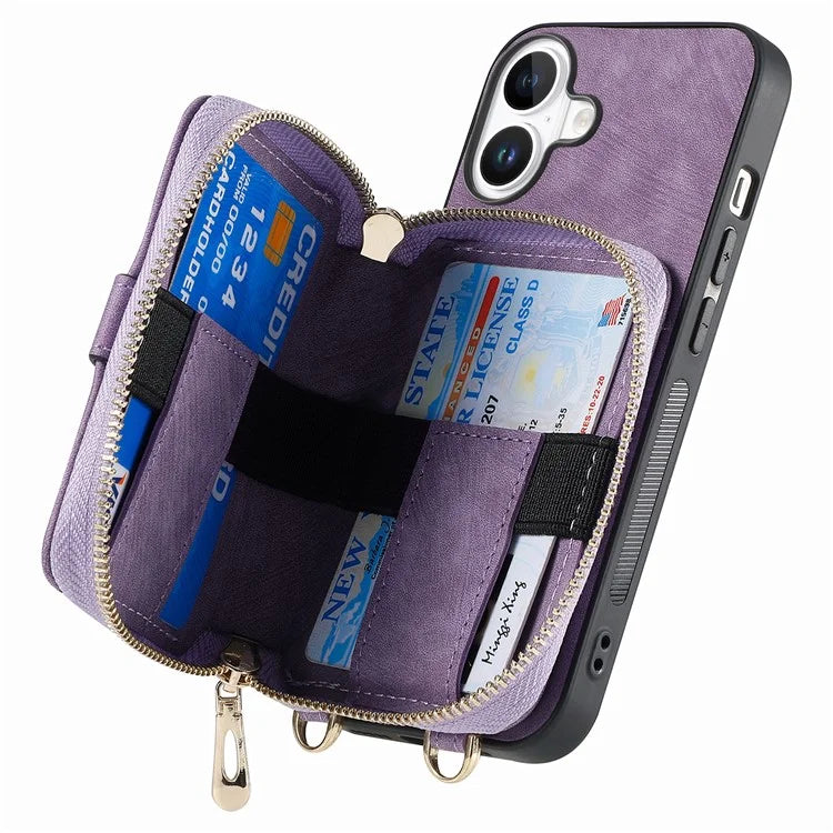 D3 For iPhone 16 Plus Case Zipper Card Holder PU Leather Phone Back Cover with Long Strap