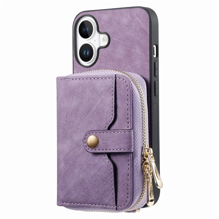 D3 For iPhone 16 Plus Case Zipper Card Holder PU Leather Phone Back Cover with Long Strap