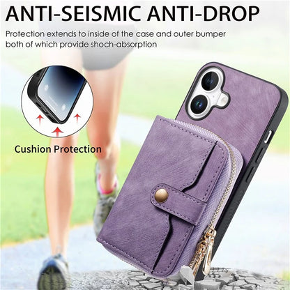 D3 For iPhone 16 Plus Case Zipper Card Holder PU Leather Phone Back Cover with Long Strap
